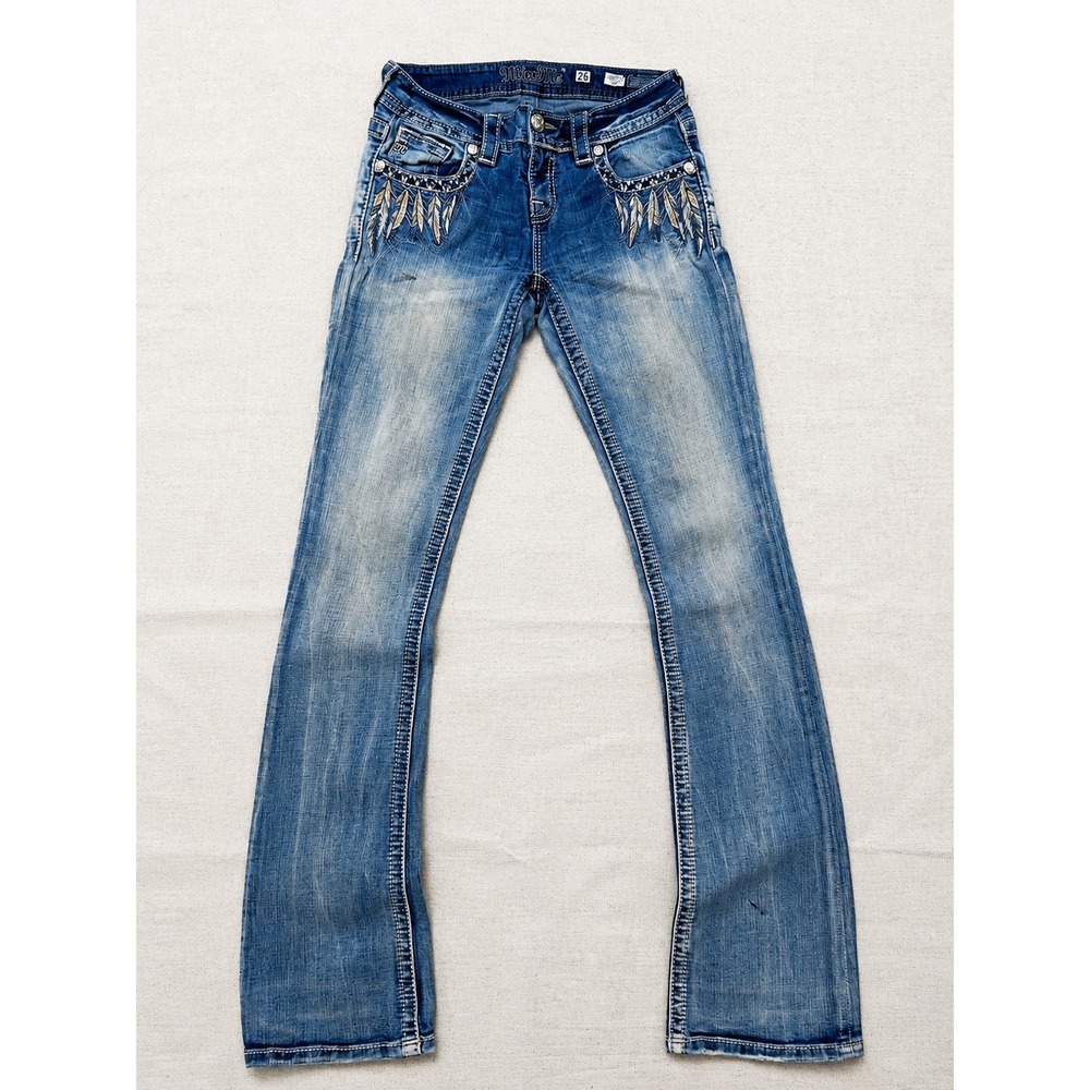 Miss Me Women's 26 Signature Bootcut Jeans Blue Embroidered Stretch Denim